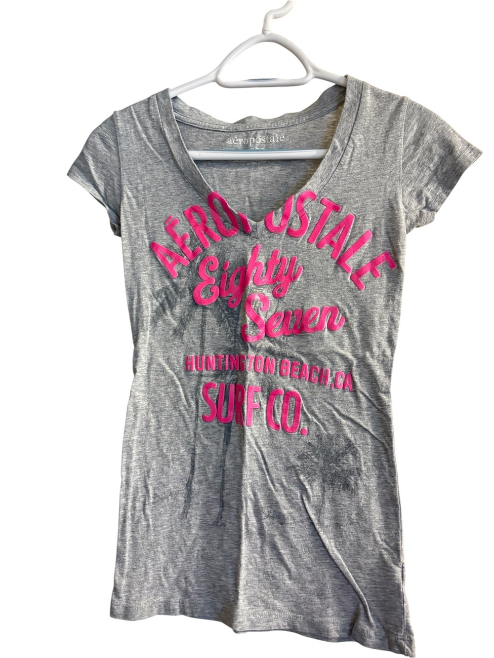 Aeropostale Gray Short Sleeve V-Neck Tee with Pink Graphic